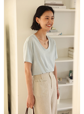 1HeyDress竹节棉T恤女夏季法式复古U领宽松显瘦简约百搭短袖上衣