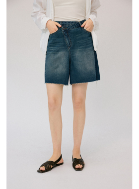 HeyDress复古牛仔短裤女夏季高腰宽松阔腿五分裤毛边设计休闲裤子