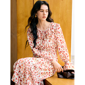 HeyDress法式 玫瑰碎花连衣裙女秋季 收腰设计感浪漫荷叶边印花裙子