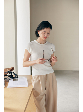 HeyDress针织正肩t恤女夏季绵羊毛圆领修身百搭半袖高级短袖上衣