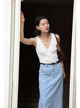 HeyDress法式V领吊带背心女夏季交叠设计感修身坑条无袖别致上衣