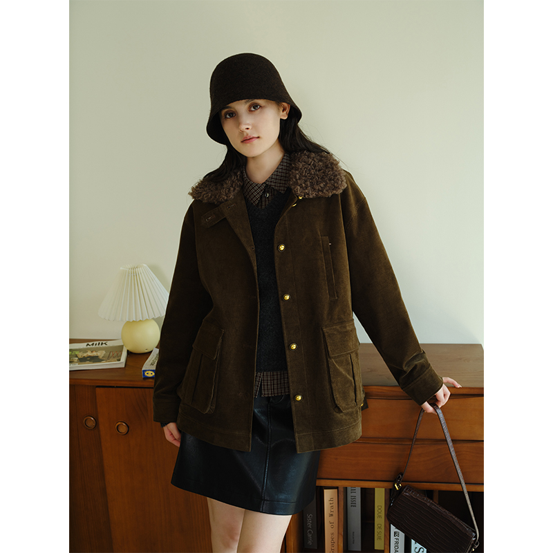 HeyDress撞色羊卷毛灯芯绒外套