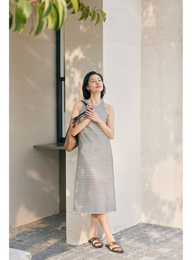HeyDress条纹连衣裙女夏季法式撞色编织挖肩设计小众气质背心裙子