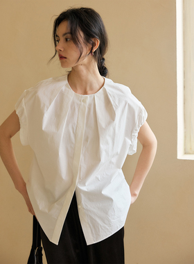 HeyDress法式花苞袖衬衫女夏季设计感圆领打褶通勤气质纯棉上衣