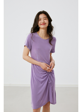 HeyDress醋酸连衣裙女夏季法式修身收腰抽褶设计感通勤圆领裙子