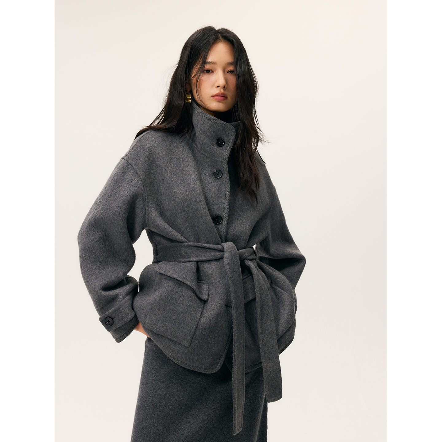 HeyDress立领毛呢外套女秋冬宽松收腰短款小个子气质保暖羊毛大衣