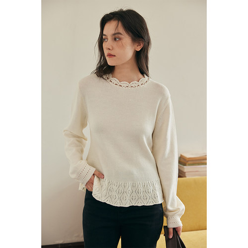 HeyDress法式直身镂空花边毛衣