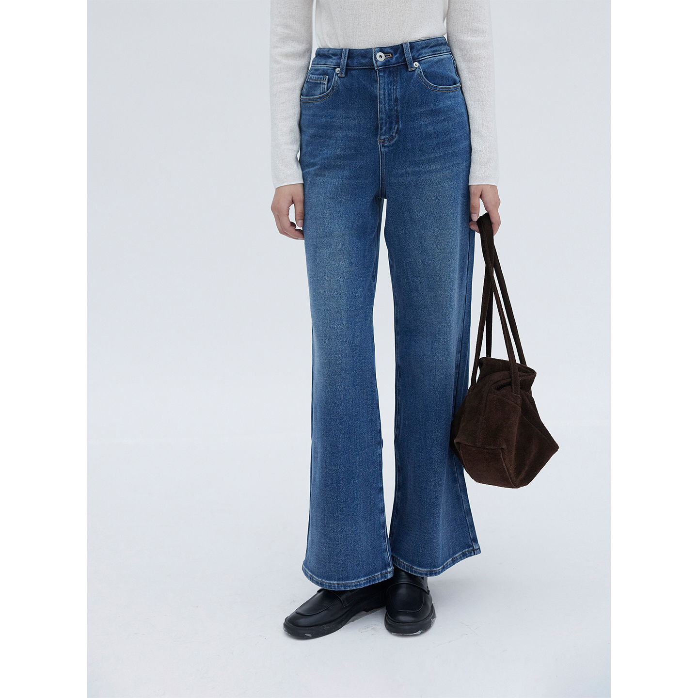 复古水洗加绒修身牛仔裤