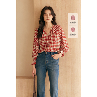 宽松印花设计感短袖 女秋季 高级气质红色上衣 格子衬衫 HeyDress法式