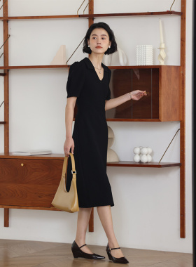 HeyDress【醋酸系列】法式V领连衣裙女夏季复古收腰高级黑色裙子