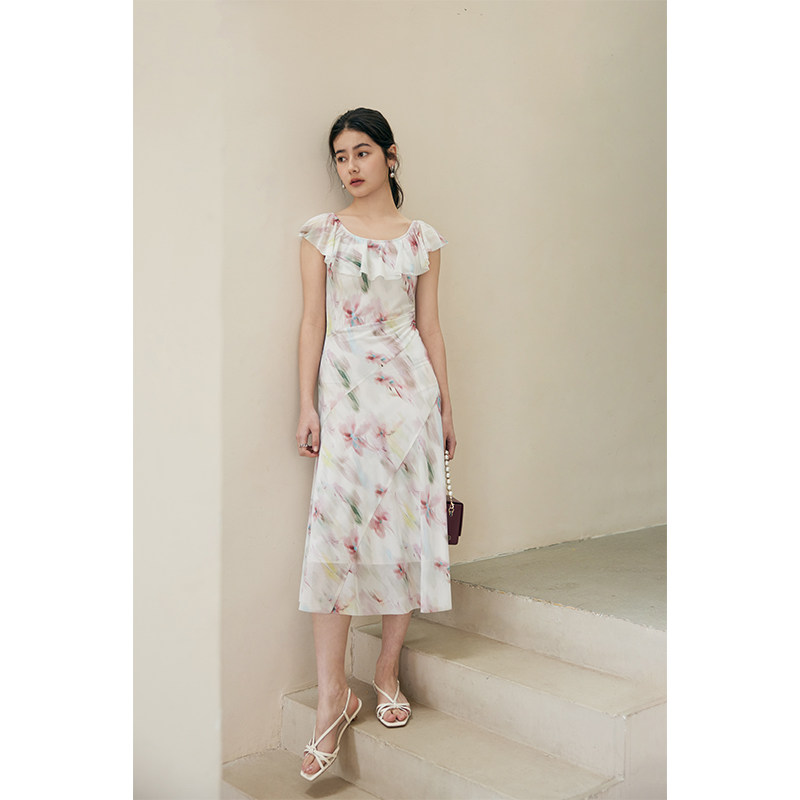 HeyDress荷叶领印花连衣裙女夏季法式U领修身弹力网纱浪漫裙子
