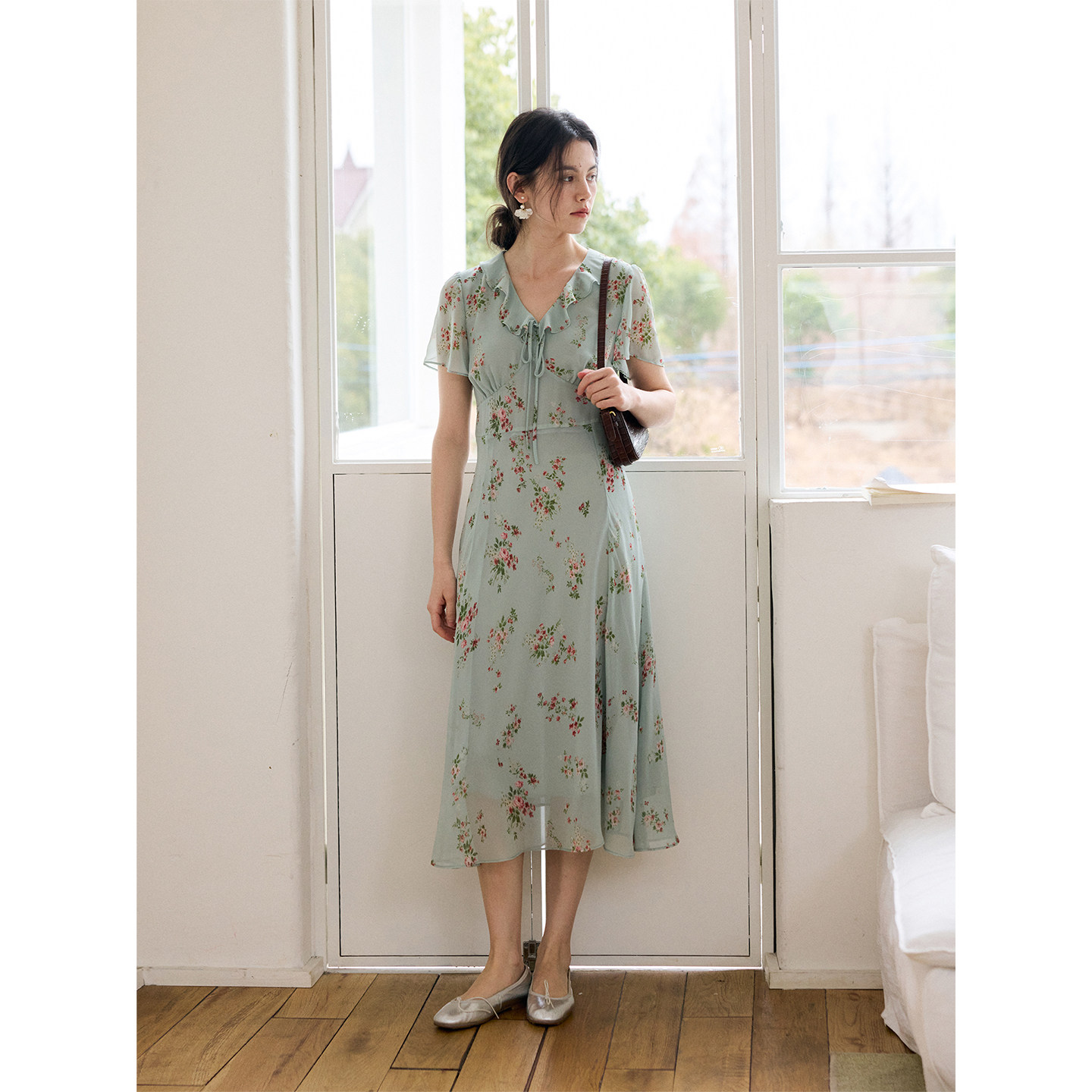 HeyDress法式荷叶边V领连衣裙女夏季斜裁收腰显瘦仿真丝雪纺裙子