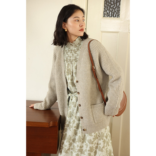 针织开衫 HeyDress法式 女秋冬宽松V领慵懒感花纱外套软糯温柔上衣