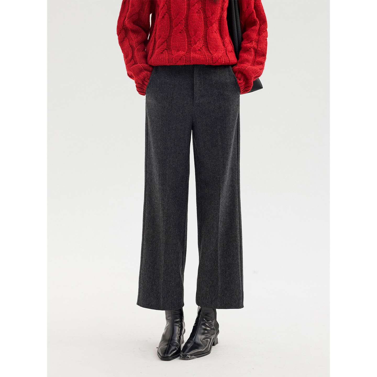 HeyDress法式九分毛呢休闲裤女秋冬复古高腰直筒裤宽松羊毛裤子