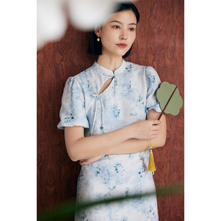 气质连衣裙子 肌理感晕染印花短款 HeyDress新中式 改良旗袍裙女夏季