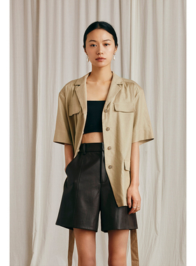 HeyDress亚麻短袖衬衫女夏季宽松收腰设计感衬衣工装口袋上衣