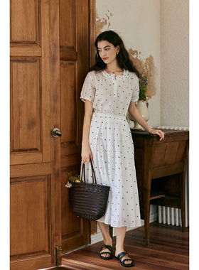 HeyDress蓝色波点套装女夏季纯棉高腰百褶a字裙子刺绣荷叶边衬衫