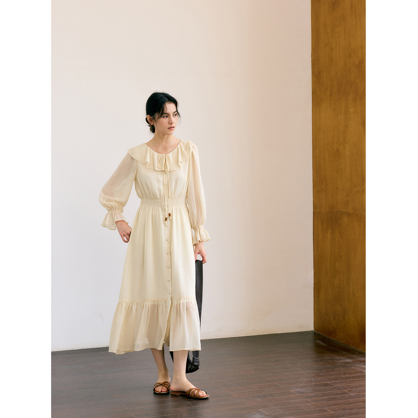 HeyDress荷叶边连衣裙女春季法式复古收腰气质高级度假风长袖裙子