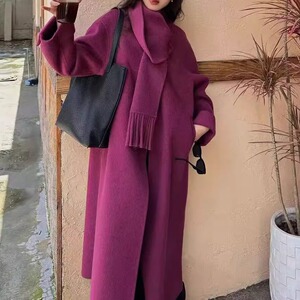 高端玫紫色双面羊绒大衣女中长款秋冬新款流苏围巾圆领羊毛呢外套