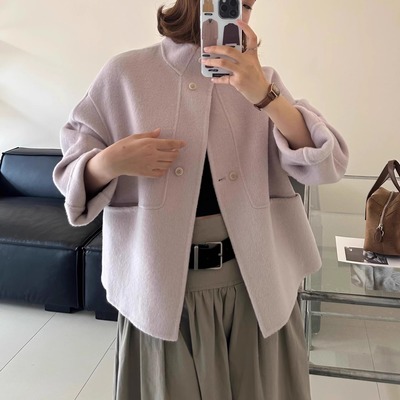 韩系双面羊绒大衣女短款秋冬新款立领阔版宽松双排扣羊毛呢子外套