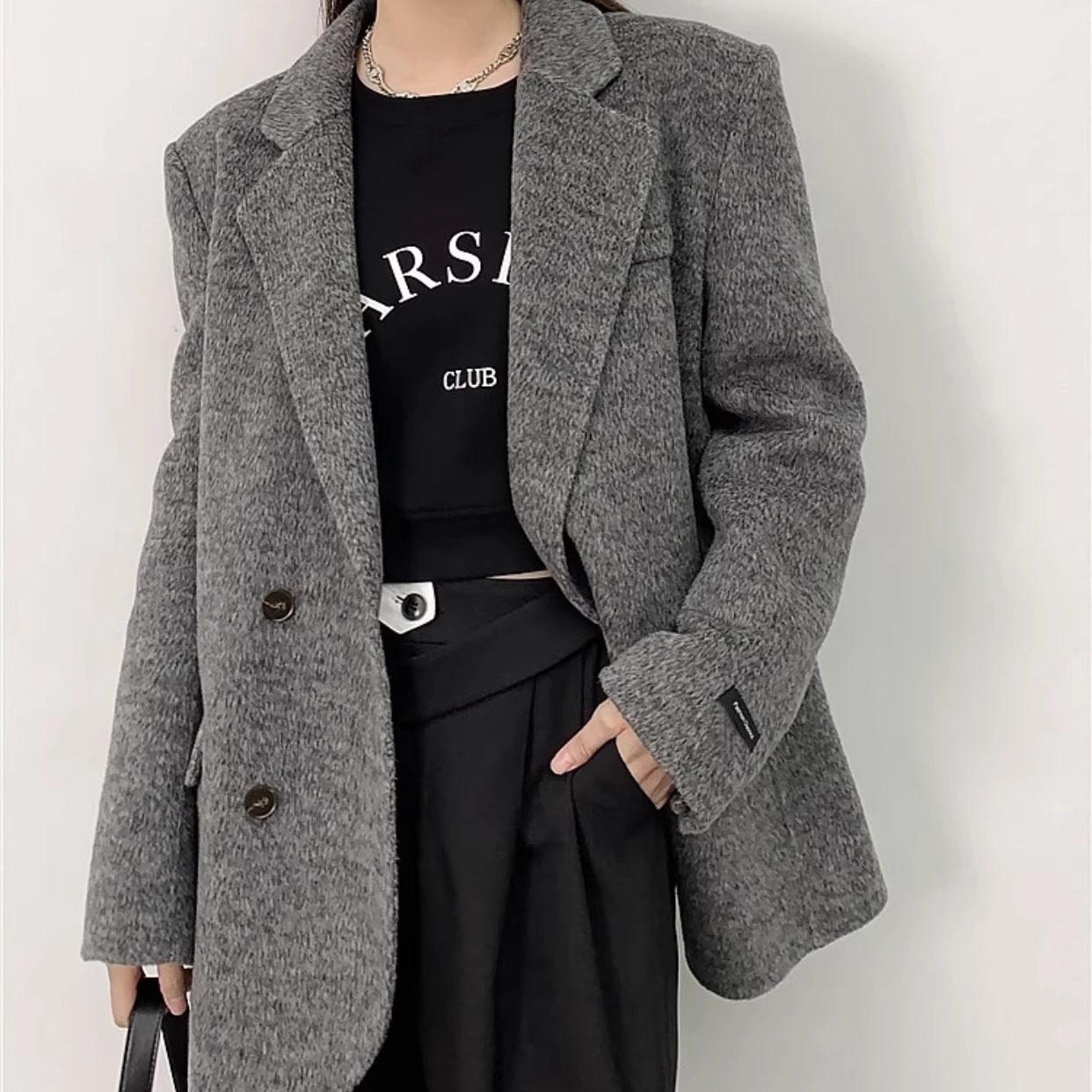 高端花灰色双面羊绒大衣女短款2025秋冬新款桑蚕丝羊毛呢西装外套