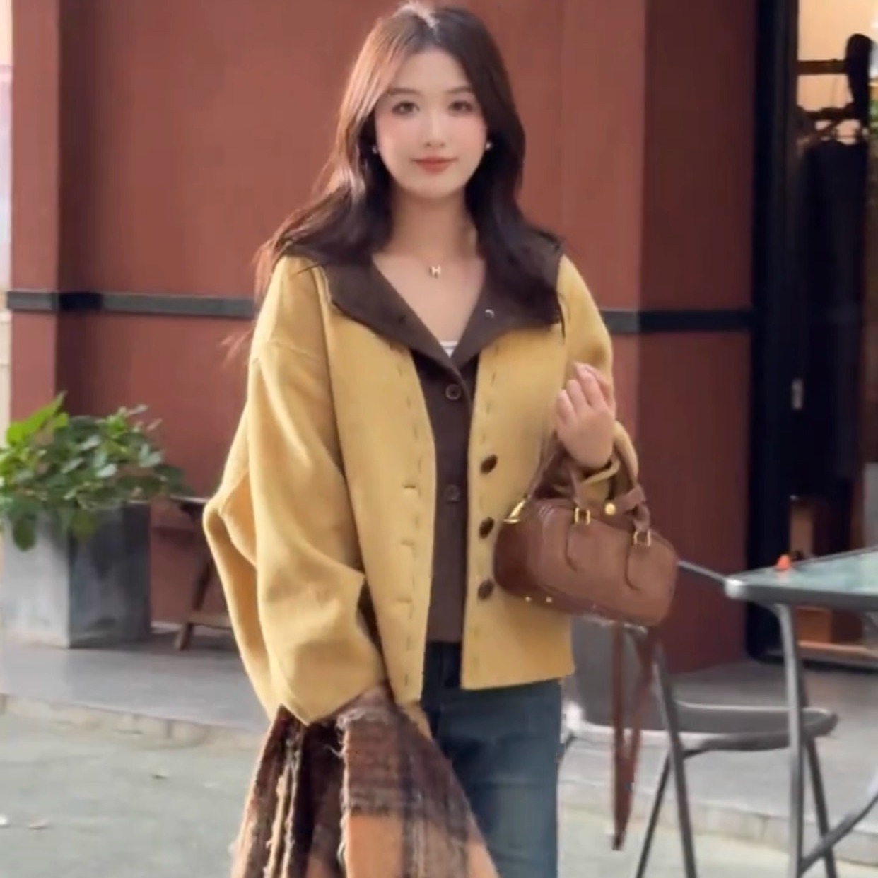 韩系连帽两件套双面羊绒大衣女短款秋冬新款单排扣阔版羊毛呢外套