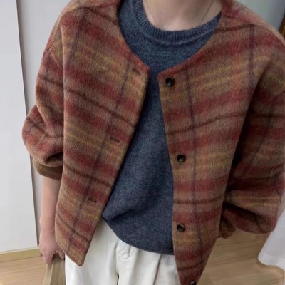 羊毛羊毛短款通勤格子羊绒大衣