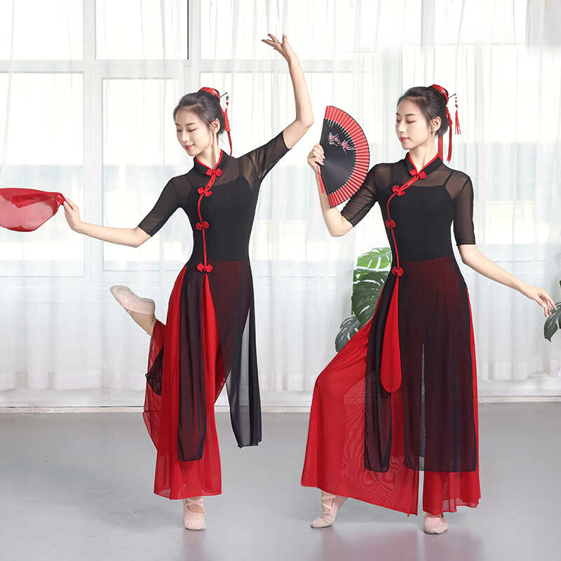 古典舞民族演出服开叉舞蹈服女飘逸身韵纱衣练功服中国风仙气套装