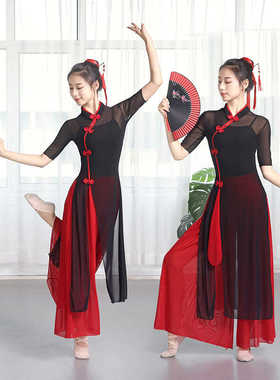 古典舞民族演出服开叉舞蹈服女飘逸身韵纱衣练功服中国风仙气套装