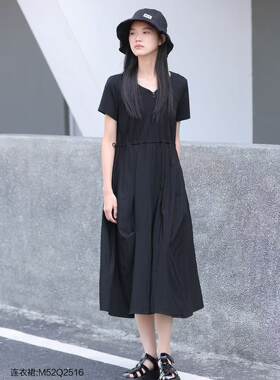 莫西摩夏季新款V领短袖套头连衣裙黑色
