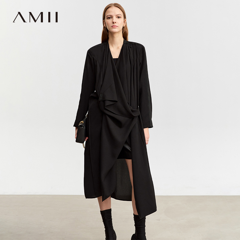 amii2025夏新款休闲荡领不规则门襟长款外套女雪纺长袖黑色上衣