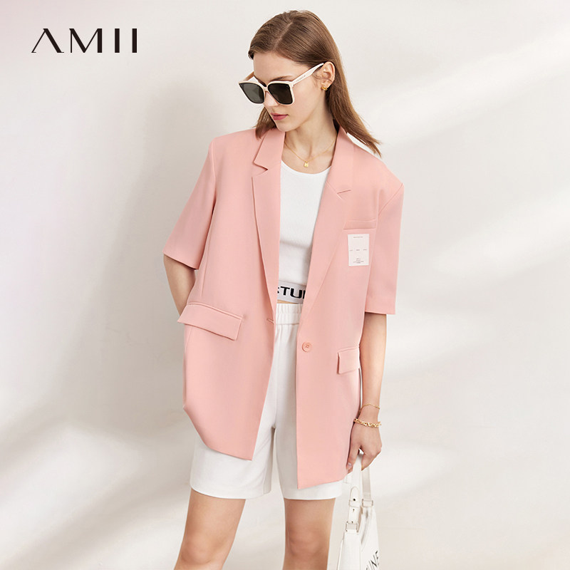 Amii2026夏新款设计感五分袖中袖西装外套中长翻领双面缎上装女