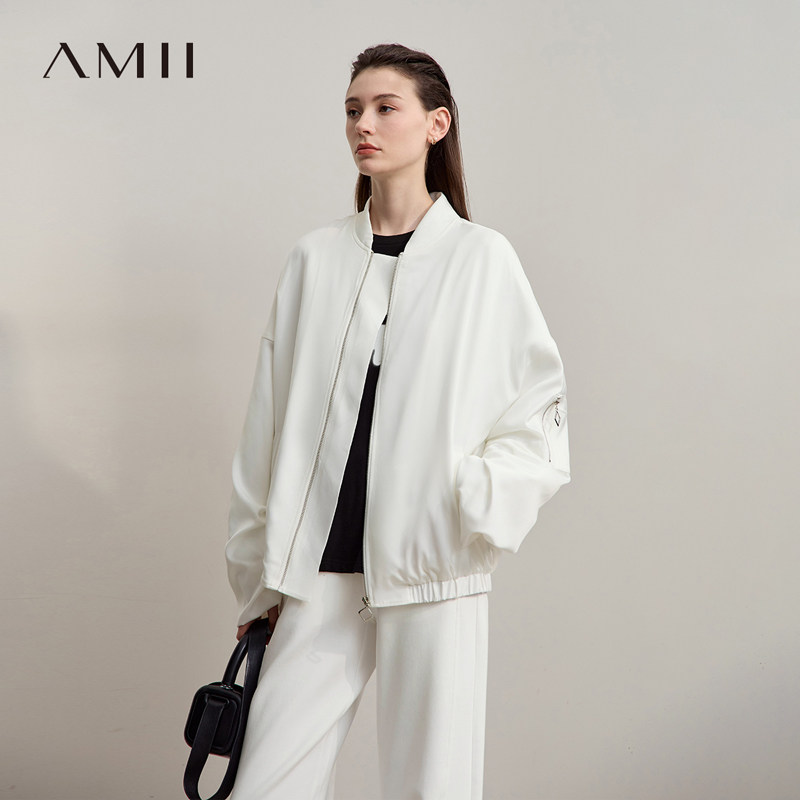 Amii2026冬新款休闲运动风棒球领拉链落肩夹丝绵宽松褶皱袖口外套