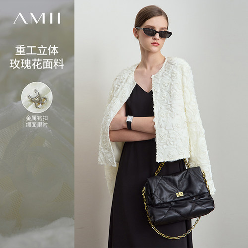 Amii2026春新款优雅浪漫立体玫瑰花圆领外套女钩扣短款箱型上衣