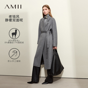 Amii2025冬新款 大衣 绵羊毛桑蚕丝骆驼绒双面呢女配腰带浴袍风长款
