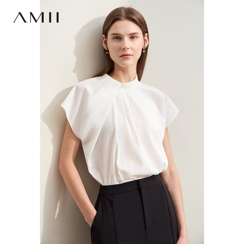 Amii2026夏新款气质通勤立领不对称收褶宽肩白衬衫女连袖衬衣上衣
