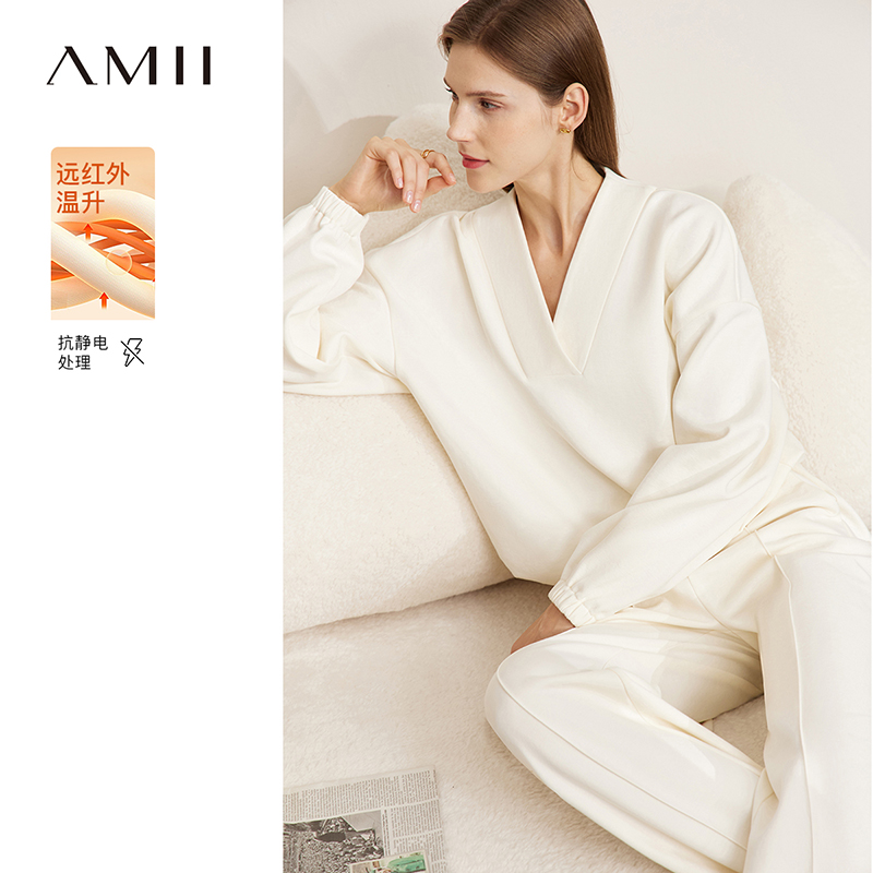 Amii2025冬新款五合一功能抓毛卫衣牙签褶休闲长裤套装女两件套