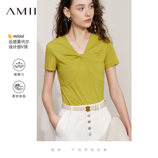 T恤女修身 扭结短袖 V领莫代尔棉上衣白色正肩体恤 新款 Amii2026夏季