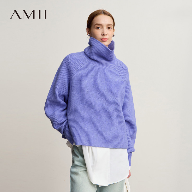 Amii2026冬新款慵懒风高领短款插肩袖宽松套头侧开衩羊毛纱毛衣女