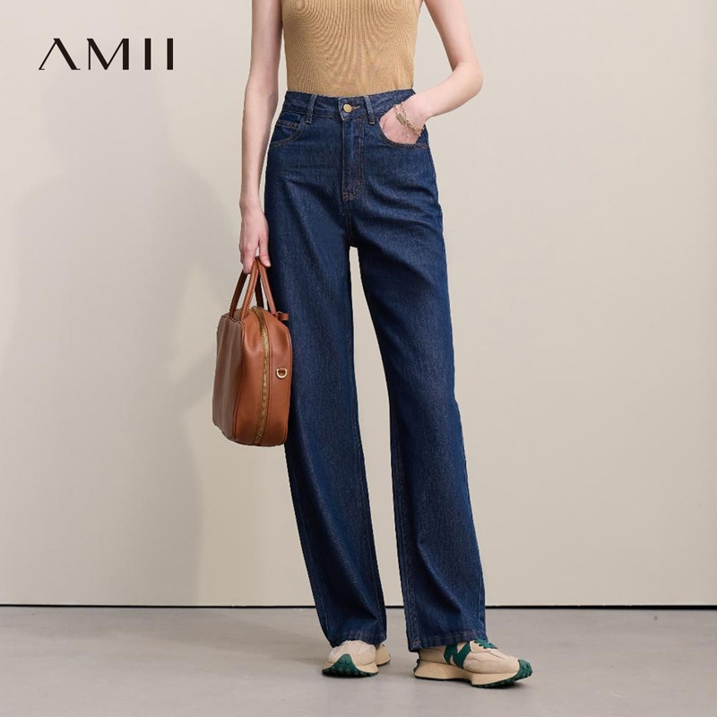 Amii2026春新款休闲风字母高温压花莱赛尔棉牛仔长裤女直筒裤子