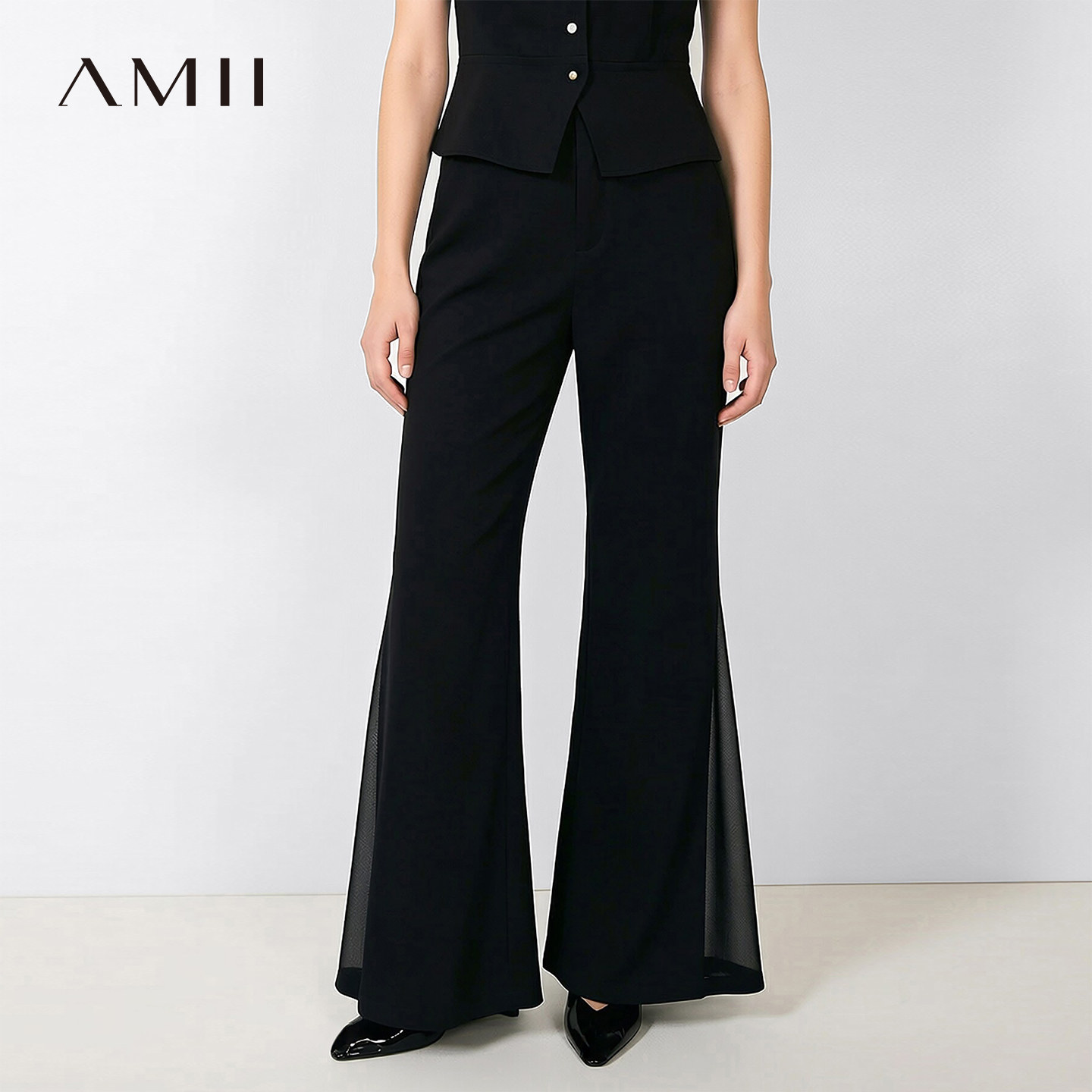 Amii2026夏新款通勤风撞料拼接薄透雪纺喇叭裤休闲长裤女黑色裤子