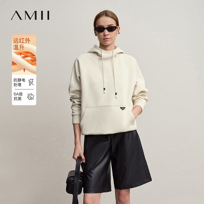 Amii2026冬新款宽松中长微弹连帽插肩袖插袋加绒保暖套头卫衣女