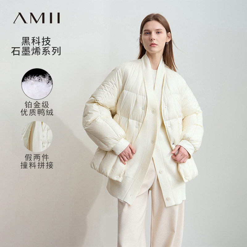 Amii2025冬新款温暖撞料拼接毛织假两件羽绒服女宽松落肩袖上衣