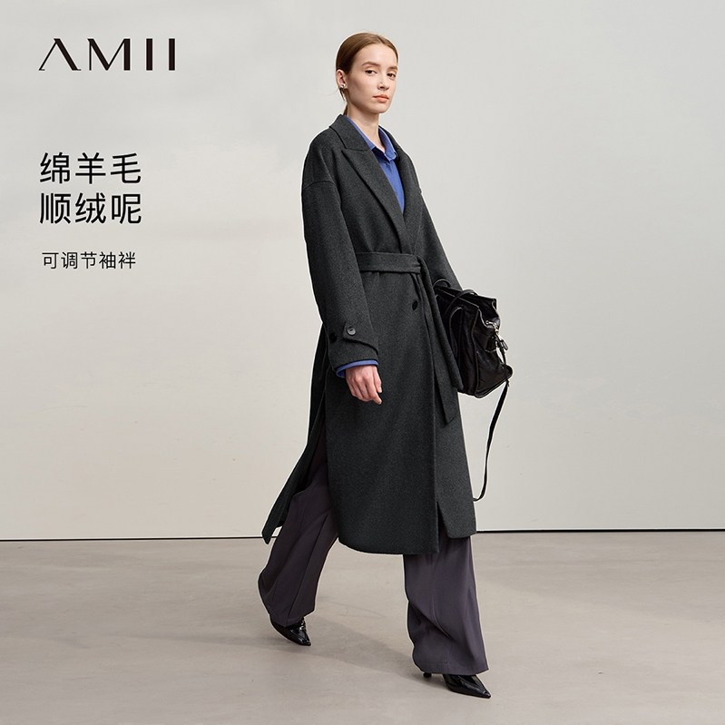 Amii2026冬新款高级通勤风西装领配腰带宽松长款羊毛呢外套女上衣