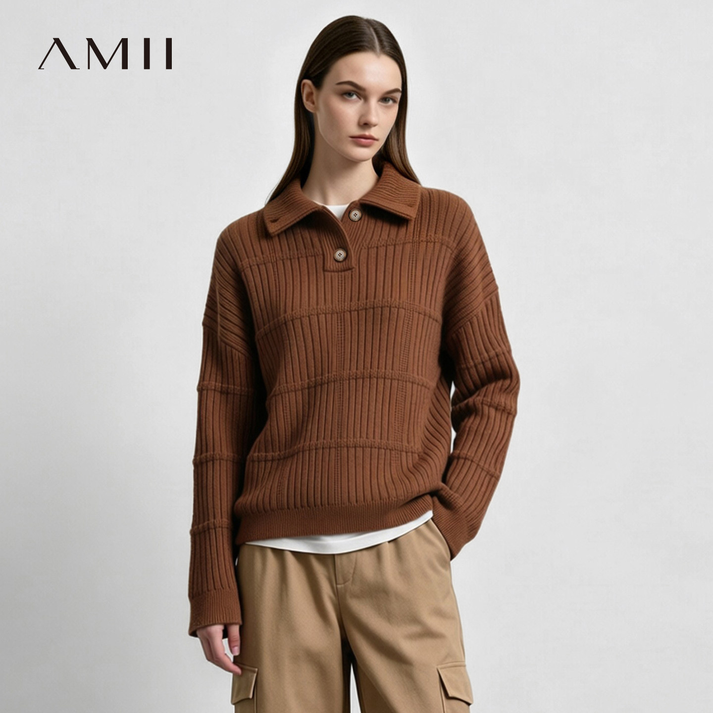 Amii2026冬新款通勤风高领翻领纽扣半开襟毛衣女宽松落肩袖上衣