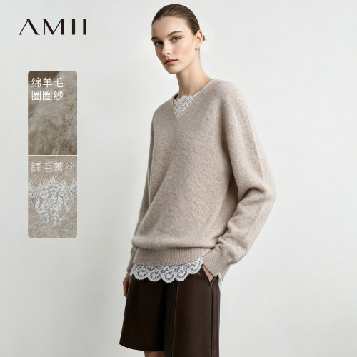 Amii2026秋新款优雅V领拼睫毛蕾丝圈圈纱毛衣女宽松落肩袖上衣