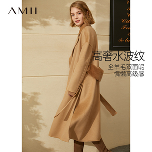 宽松配腰带羊毛毛呢大衣 水波纹双面呢外套女装 Amii2025冬季 新款