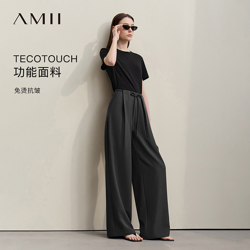 Amii2026夏新款系腰带绑带宽松阔腿裤休闲长裤女工字褶黑色裤子