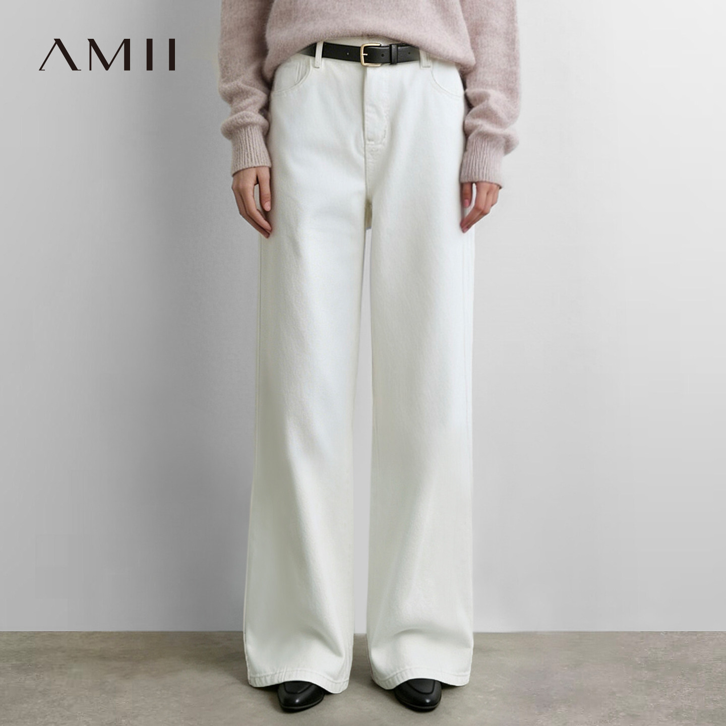 Amii2026秋新款不规则石饰钉珠管牛仔长裤女宽松阔腿裤休闲裤子