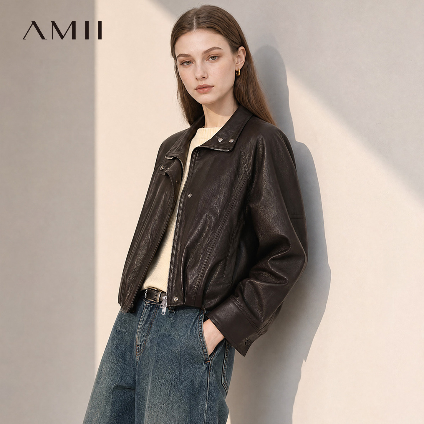 Amii【复古PU皮夹克】26秋季韩版简约复古风宽松PU皮衣外套女